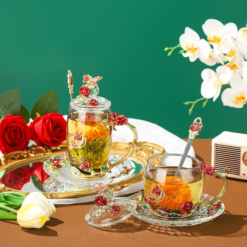 LANTREE Fancy Glass Tea Cup with Lid Saucer Spoon Flower Coffee Mug Unique Birthday Gift for Friend Female Mother-in-Low Daughter House Warming Gift(Tall Red) - Image 3